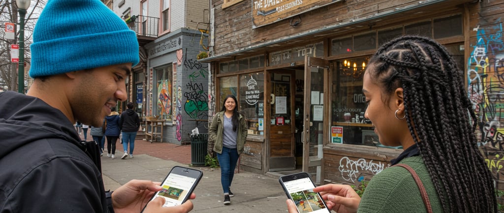 A photo of two people using their smartphones to search for local businesses