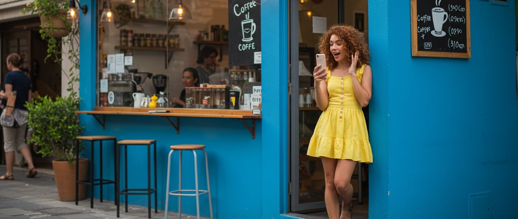 a store owner in front of a small business recording a video on their smartphone