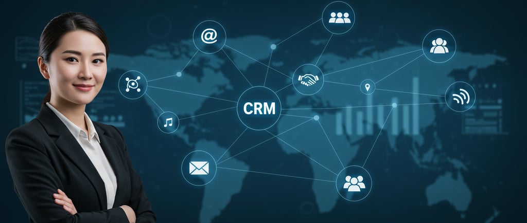 a woman standing in front of an image of a CRM dashboard