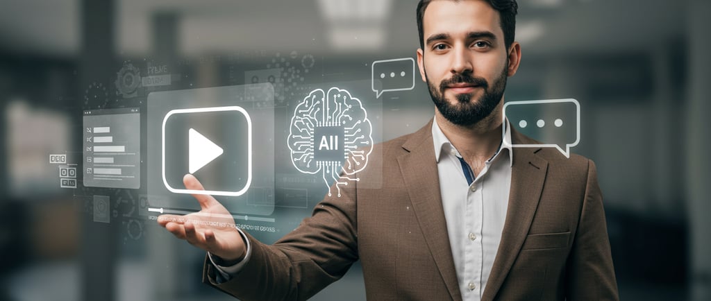 a man interacting with an image displaying various digital marketing elements