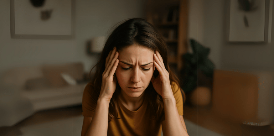 A young woman pausing with her eyes closed, reflecting calm and mindfulness — representing stress management and mental clari