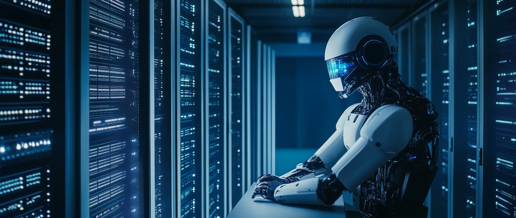 a robot suit sitting on a table in a server room