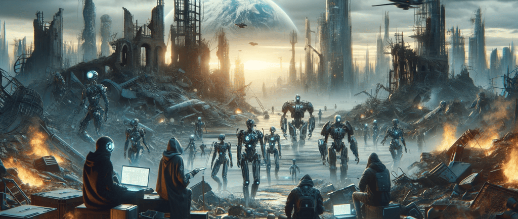 Dystopian future with only robots and hackers gathered in the street.