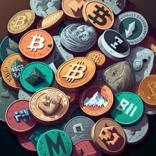 a bunch of bitcoin coins are shown on a table