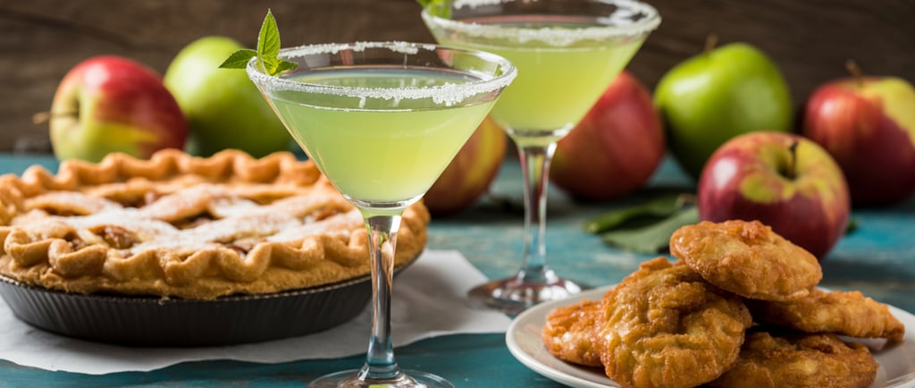 Appletini cocktails next to a deep dish dutch apple pie and a plate of apple fritters