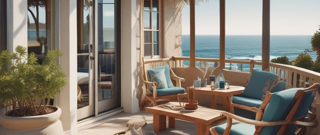 a patio with a table and chairs and a potted plant