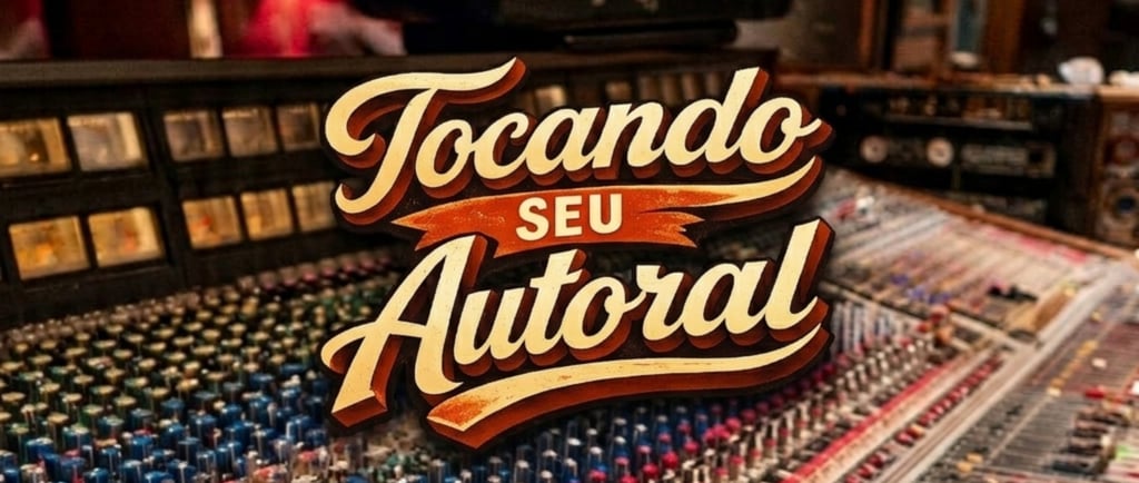 Professional music studio mixing console with studio monitor speakers and Tocando Seu Autoral logo.