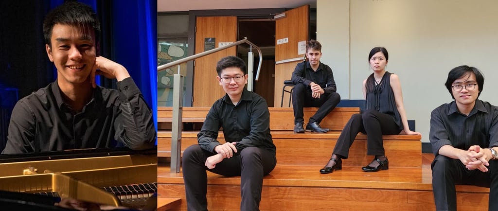 a man sitting on a set of stairs with a piano