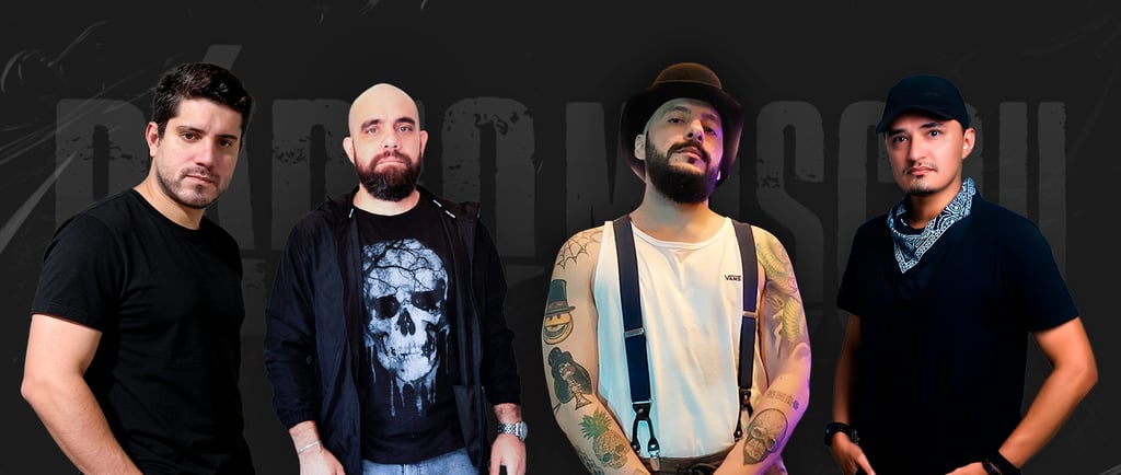 a group of men standing in front of a black background