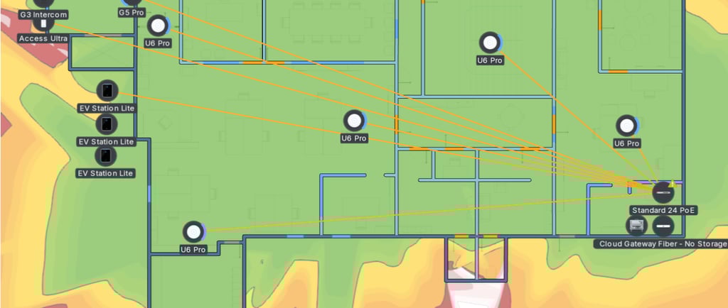 A wireless network heat map showing WiFi coverage and Ubiquiti UniFi U6 Pro access point placement.