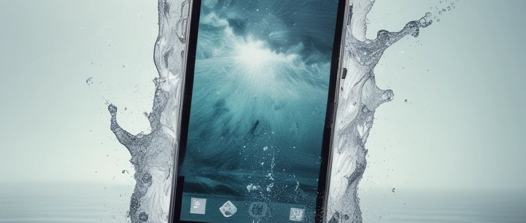 A waterproof smartphone creating a large water splash after falling into a deep blue pool.