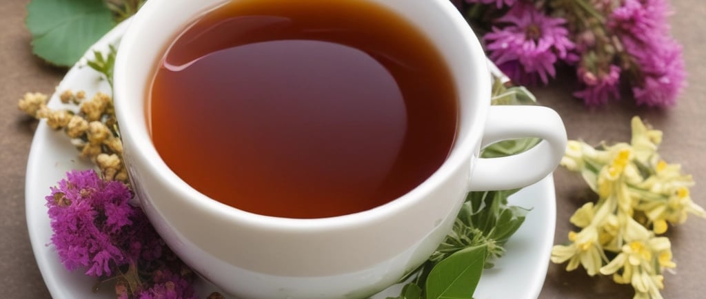 a cup of tea next to a napkin and a flower