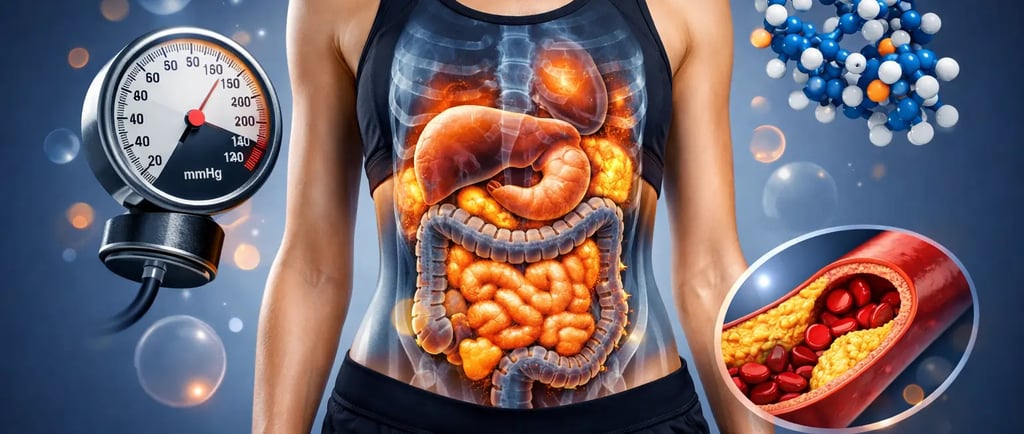 Slender person with X-ray view showing hidden visceral fat and key health metrics