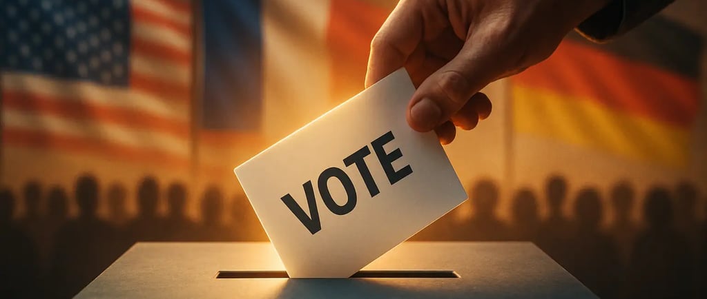 Close-up of a hand placing a voting slip into a transparent ballot box,symbolizing global democracy