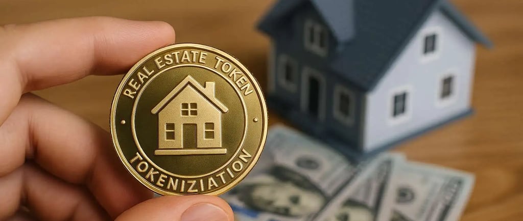 Real estate tokenization concept with a digital token and a model house representing fractional property ownership