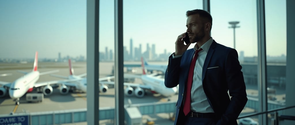 a man in a suit and tie is talking on the phone
