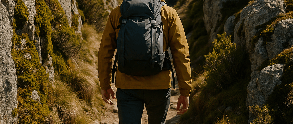 Homem realizando trekking em montanha