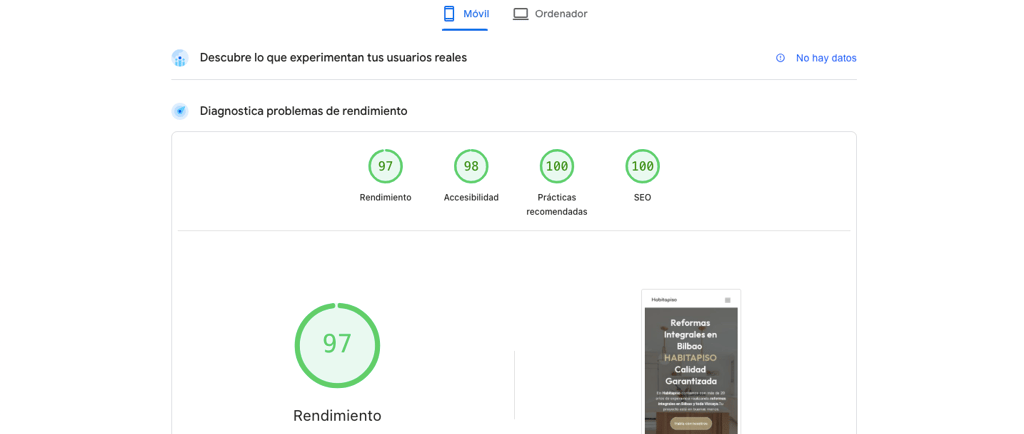 captura de pagespeed ejemplo rendimientos