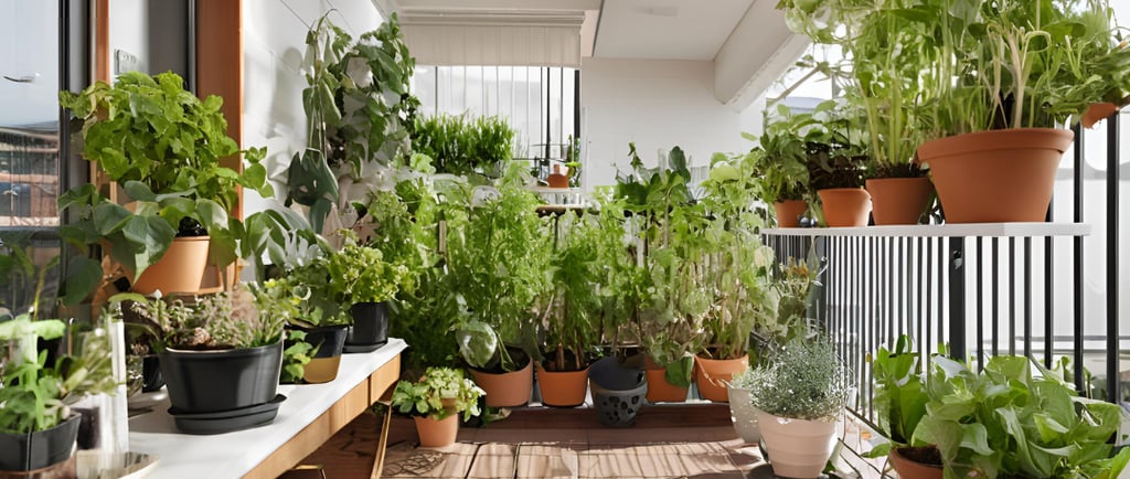 Balcon urbain avec des plantes résistantes dans des pots en terre cuite