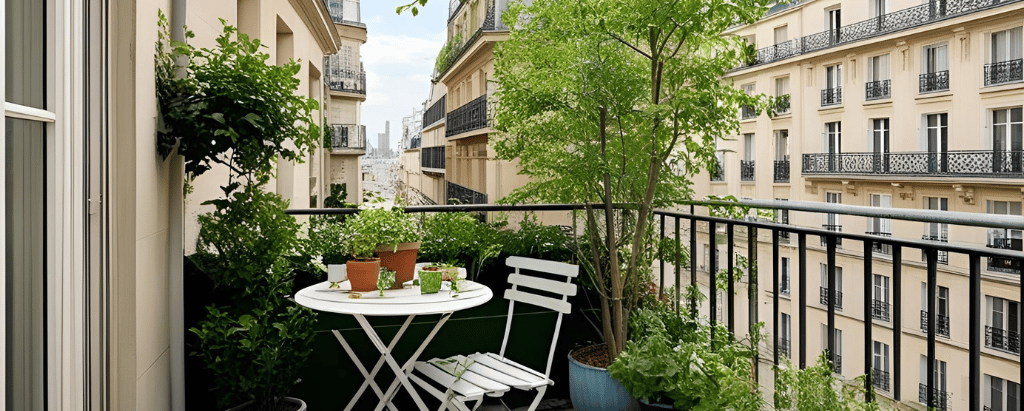 Balcon encombré avec plantes mal entretenues et pots cassés, illustrant les erreurs de jardinage.