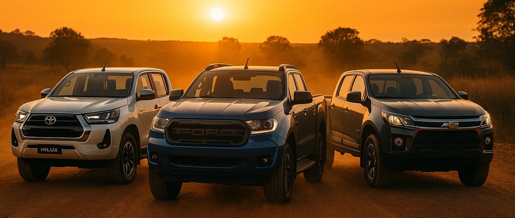 Toyota Hilux, Ford Ranger e Chevrolet S10 lado a lado em estrada de terra ao pôr do sol