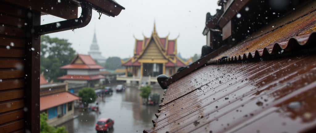 View from a balcony during a rainstorm in Cambodia.