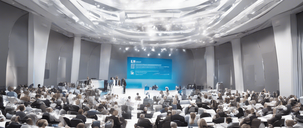 a conference room with a large screen displaying a presentation