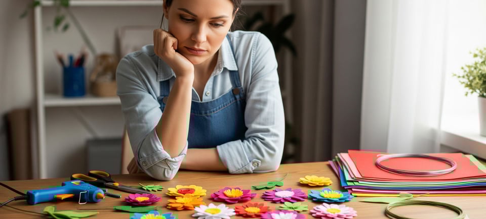 a woman sitting at a table with a bunch of flowers