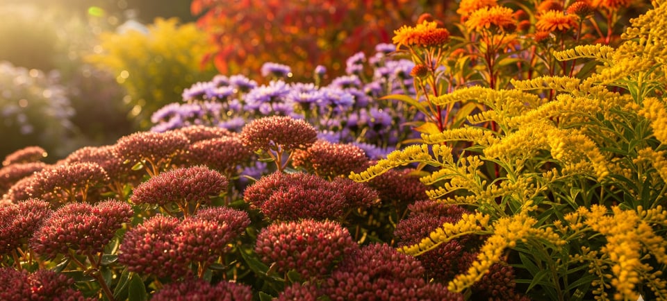a bunch of fall blooming flowers in a garden