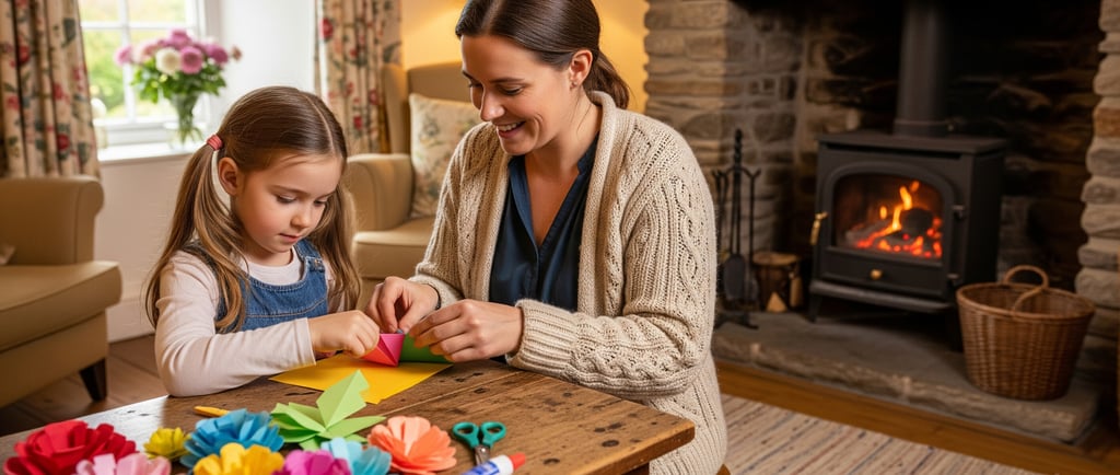 a woman and her daughter are folding a paper flower