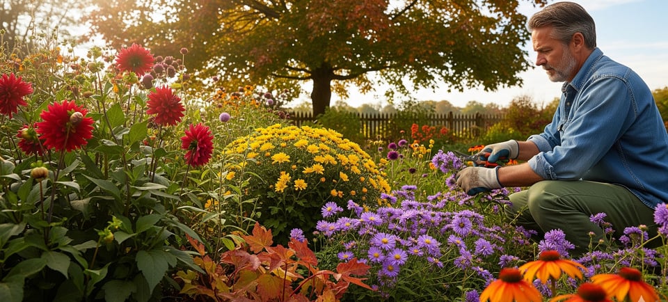a man is sitting in a garden with flowers