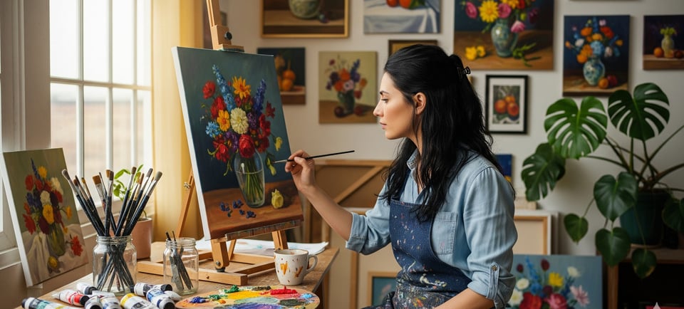 a woman in a blue dress is painting a flower