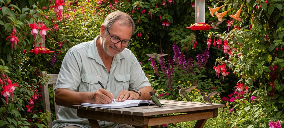 a man sitting at a table with a notebook and pen