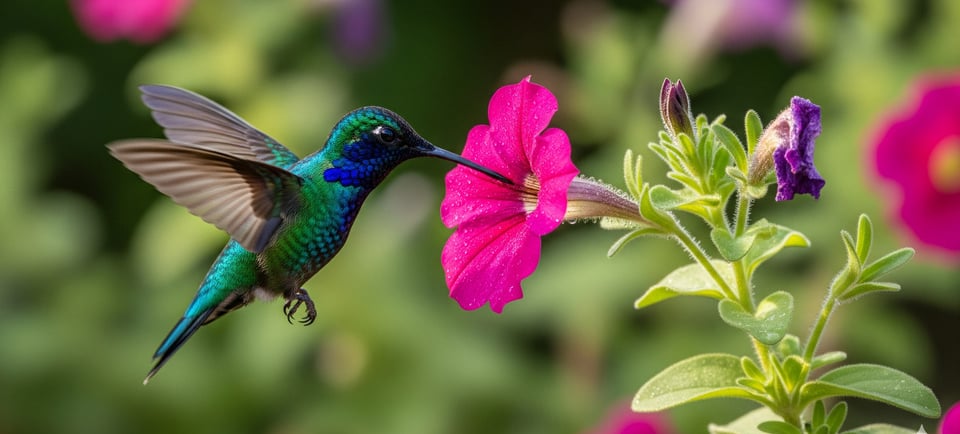 a hummingbird in flight with a flower in the foreground