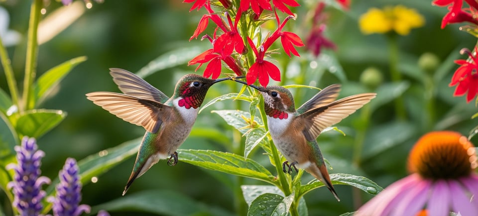 two hummingbirds in flight, one is feeding the other