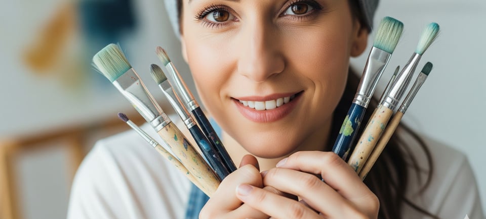 a woman holding a bunch of paintbrushes in her hands