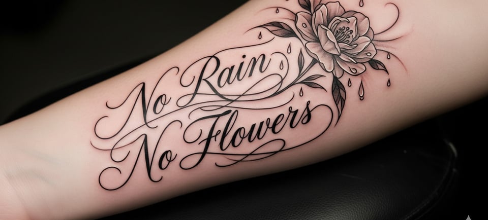 no rain no flowers tattoo on the arm of a woman's arm