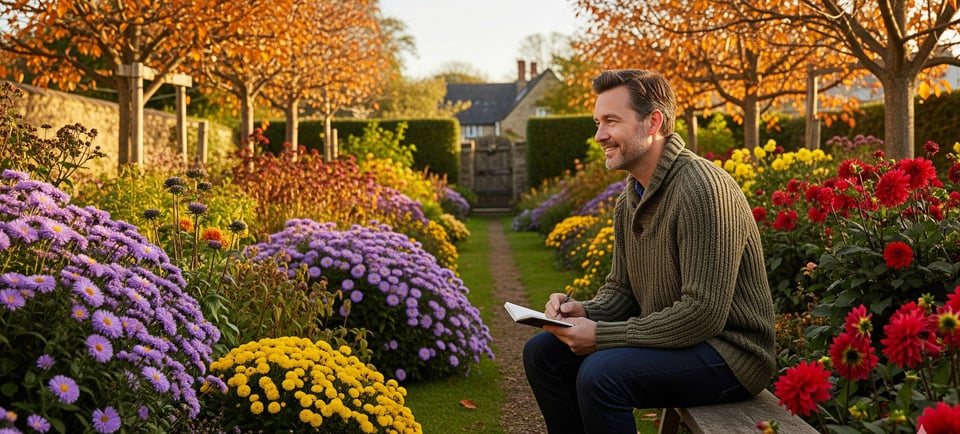 a man sitting on a bench in a garden