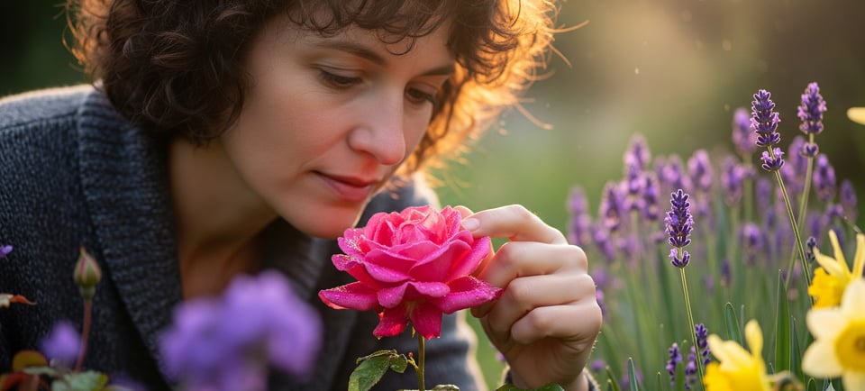 a woman is looking at a rose in a field