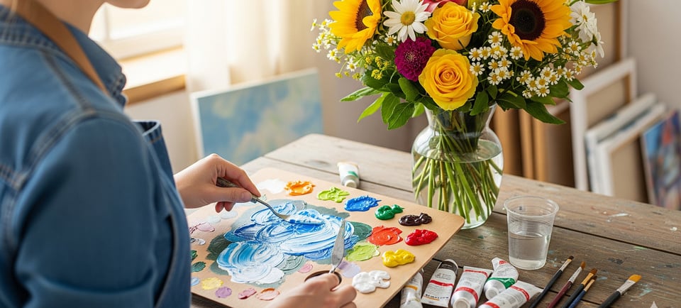 a woman is painting with a palette palette