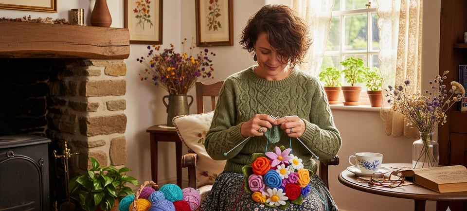 a woman sitting in a chair with a basket of flowers