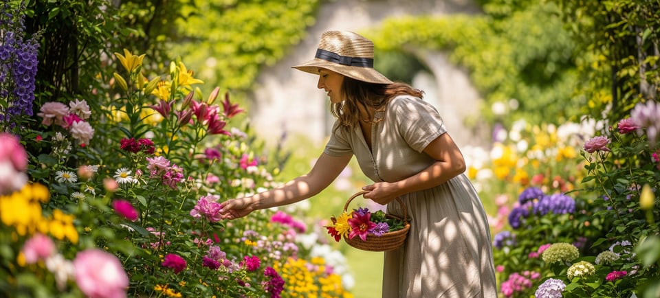 a woman in a hat and dress dress is holding a basket with flowers