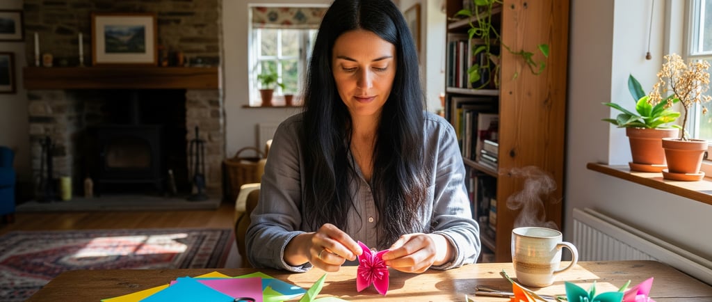 a woman sitting at a table folding a paper flower
