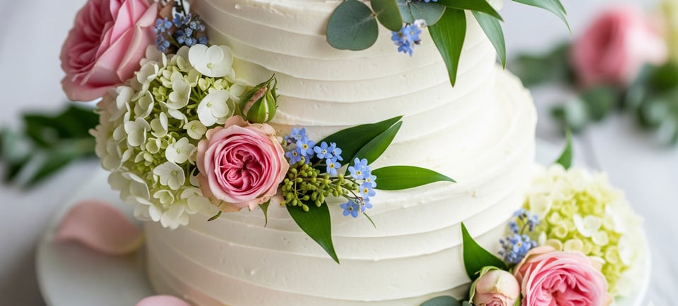 a wedding cake with flowers on a white table