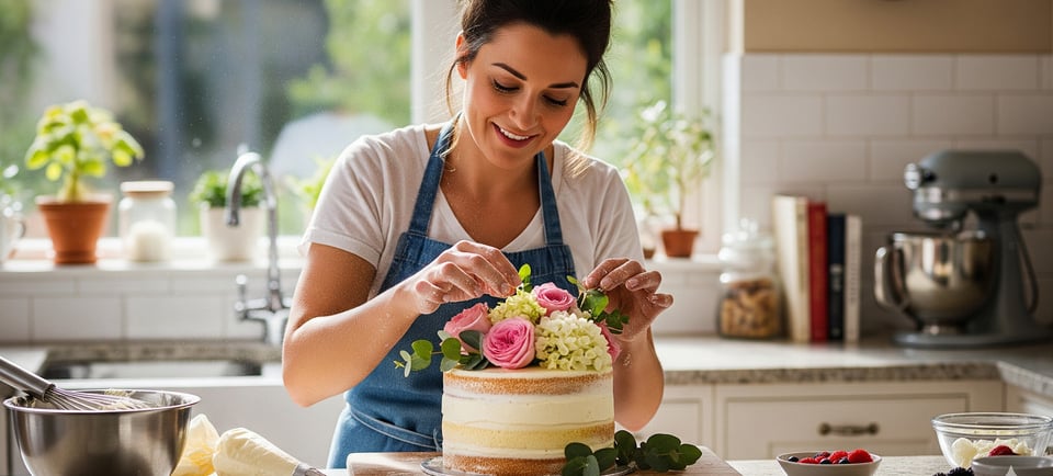 a woman in a blue apron and aprons is making a cake