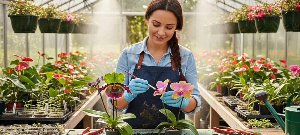 a woman in a greenhouse breeding hybrid flowers