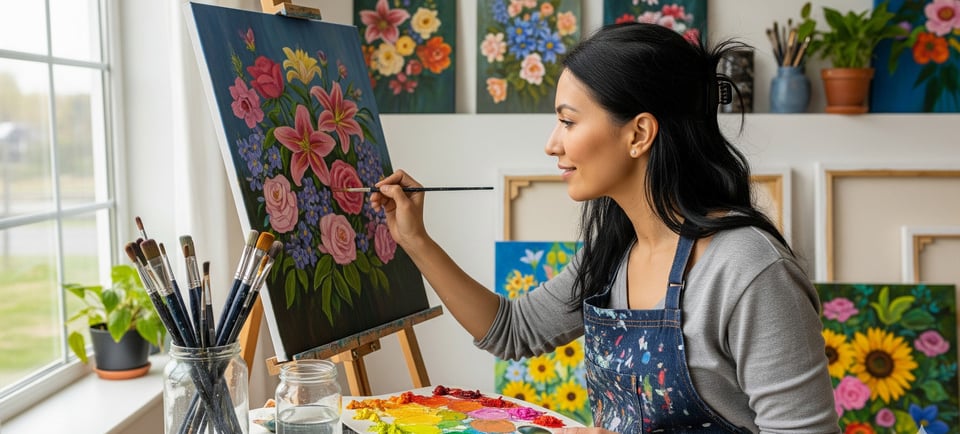 a woman is painting a flower arrangement on a table