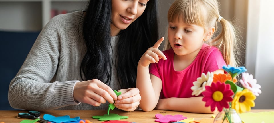 a woman and a child are playing with paper flowers