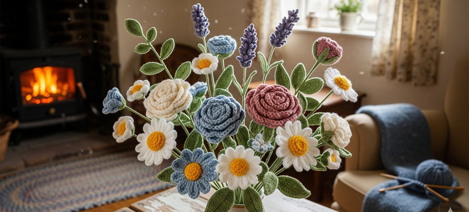 a vase with crochet flowers in a vase