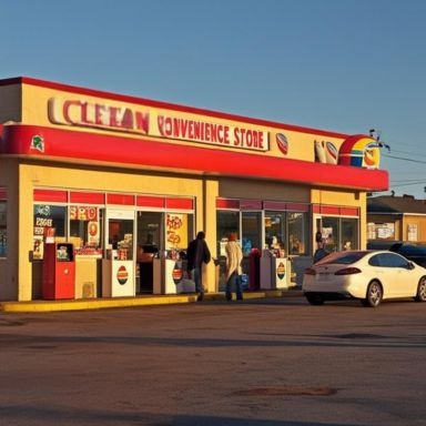 Convenience store selling fast food snacks.